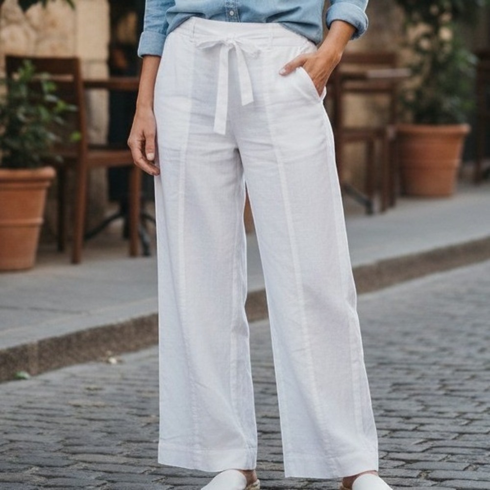 LOFT Linen Blend Wide Leg Tie Waist Pants Coastal Boho White 14T Tall